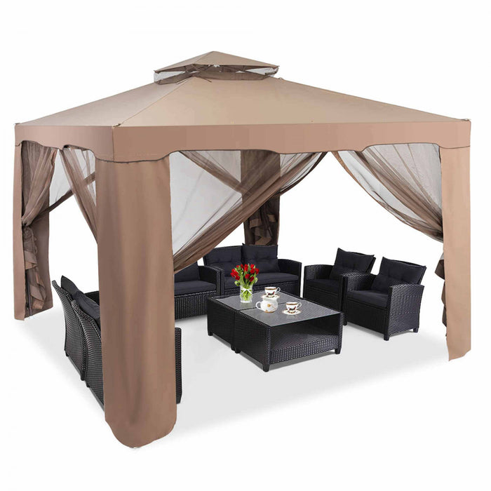 Tonnelle Pavillon De Jardin En Fer Et Polyester, Tente De Reception Avec Moustiquaire Et Toiles Laterales Amovibles Et Impermeables, Tente De Jardin A 4 Cotes 300 X 300 X 200/265 Cm, Beige&brun