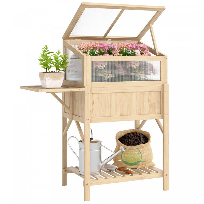 Bac de jardin sureleve Outsunny avec serre froide et table pliante, bois naturel