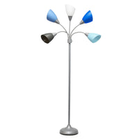  Skye Lampadaire a 5 lumieres avec cols de cygne reglables, Bleu multicolore, Blanc et Argent, 67 po H