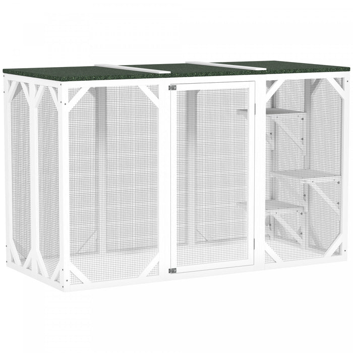 Pawhut Cage Pour Chat D'interieur Et D'exterieur Pour Chat, Clapier Pour Lapin, Chaton, Niche Avec Toit Etanche, Plates-formes A Plusieurs Niveaux, Serrure, Blanc