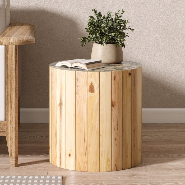 Liam Table d'Appoint Ronde en Bois Massif, Brun Beige