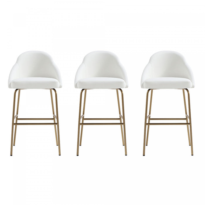 Tabouret de bar moderne en metal Gracie, rembourre, blanc et or - Lot de 3