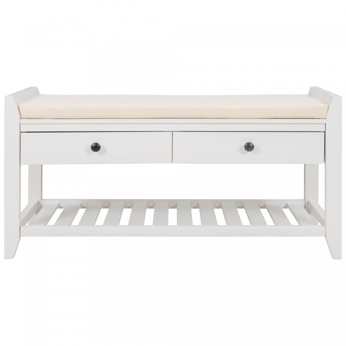 Banc A Chaussures Stephanie En Pin Avec Siege Rembourre Et Tiroirs De Rangement, Blanc