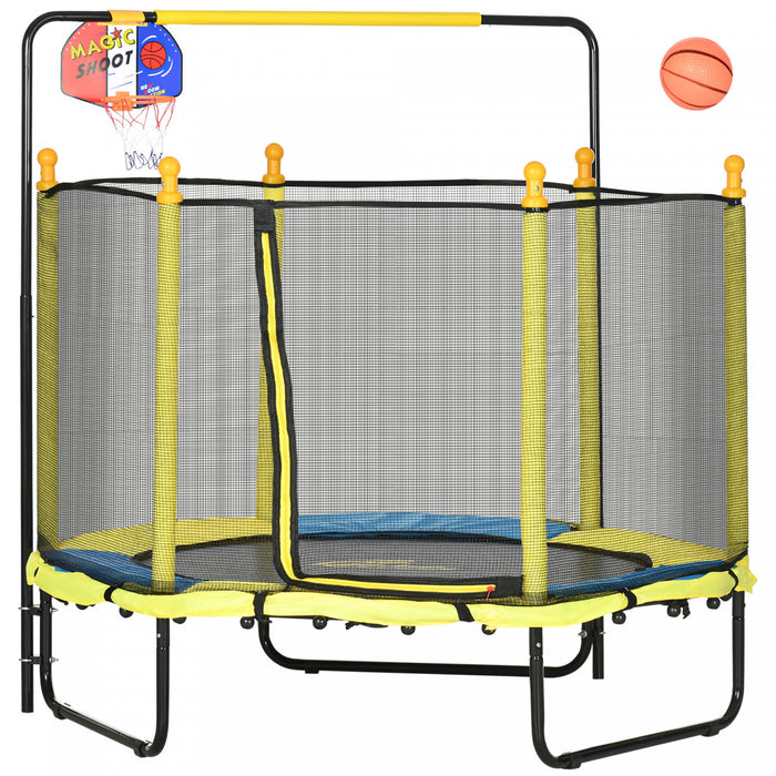 Qaba Trampoline pour enfants de 4,6 pieds, trampoline interieur et exterieur avec filet d'enceinte, panier de basket-ball, barre horizontale, mini trampoline pour 3 a 10 ans, jaune
