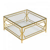 Gleam 33.5 Inch Square Tempered Glass Coffee Table with Geometric Gold Frame and Lower Shelf, Transparent | Gleam Table Basse Carree en Verre Trempe 33.5 po avec Cadre Geometrique Dore et Etagere Inferieure, Transparent