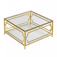 Gleam Table Basse Carree en Verre Trempe 33.5 po avec Cadre Geometrique Dore et Etagere Inferieure, Transparent