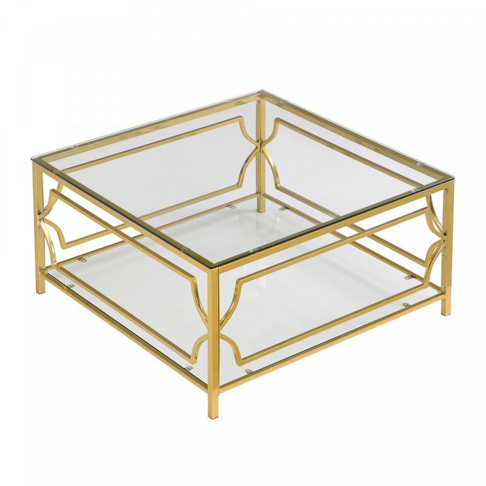 Gleam Table Basse Carree en Verre Trempe 33.5 po avec Cadre Geometrique Dore et Etagere Inferieure, Transparent