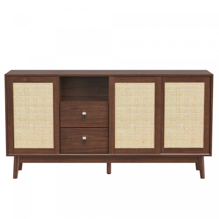Oliver 61\" Buffet avec Portes Coulissantes en Rattan et Tiroirs, Marron Fonce