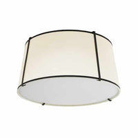 Plafonnier affleuré Trapezoid de Dainolite avec abat-jour cylindrique effilé noir et crème qui diffuse la lumière, tissu blanc et 3 ampoules