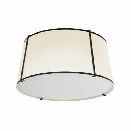 Plafonnier affleuré Trapezoid de Dainolite avec abat-jour cylindrique effilé noir et crème qui diffuse la lumière, tissu blanc et 3 ampoules