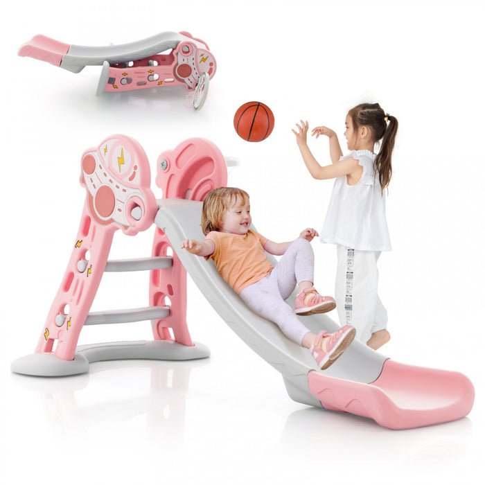 Costway 3-en-1 Enfants Coulisse Interieure Avec Cercle De Basket-ball Et Basket-ball, Zone Tampon Sure Rose