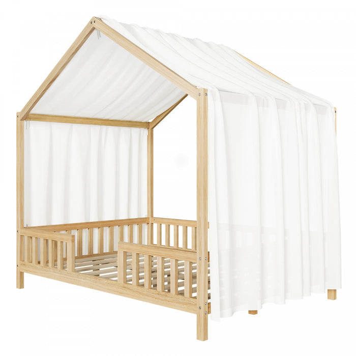 Paul Lit Montessori au sol avec baldaquin et barrieres hautes, Taille Double, Bois Naturel