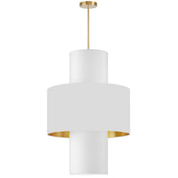 Luminaire suspendu Patrona de Dainolite avec abat-jour blanc et doré, fini laiton vieilli et 4 ampoules