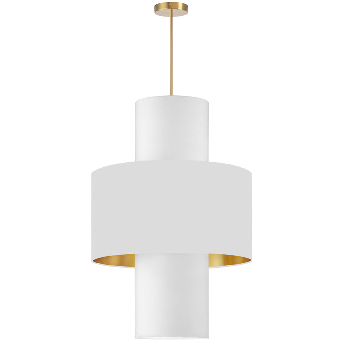 Luminaire suspendu Patrona de Dainolite avec abat-jour blanc et doré, fini laiton vieilli et 4 ampoules