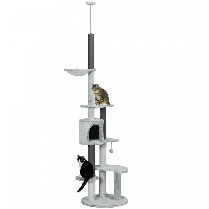 Pawhut Arbre A Chat Du Sol Au Plafond Pour Grands Chats, Tour D'escalade A Hauteur Reglable Avec Hamac, Griffoirs, Condos, Perchoirs, Balle-jouet, Kit Anti-basculement, Gris.