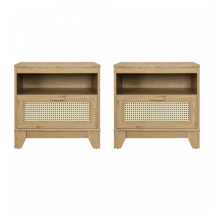 Table de nuit Sheridan style milieu du siecle 56 cm en bois naturel (1 tiroir) – Lot de 2