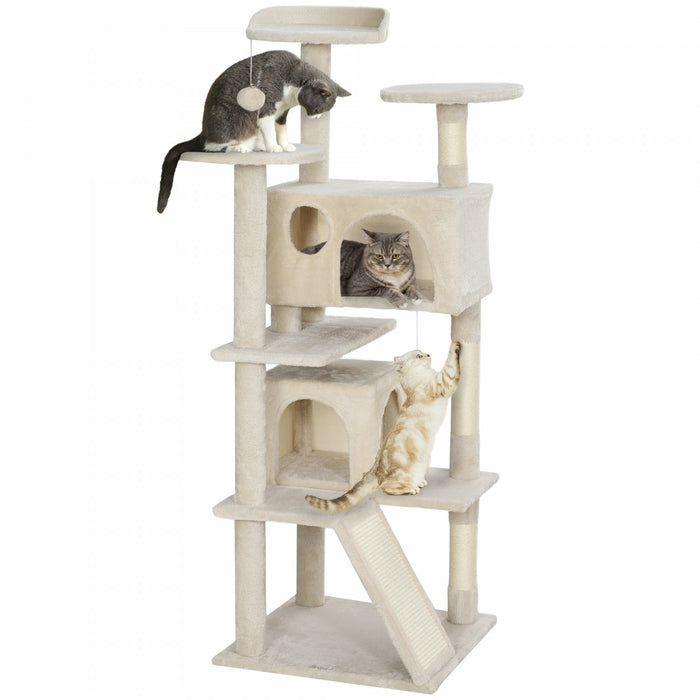 Pawhut Arbre A Chat De 54\" Tour A Chat Pour Chats D'interieur Avec Griffoirs, Condos Pour Chats, Lit, Plates-formes, Rampe, Balle Jouet, Centre D'activites Pour Chat, Beige