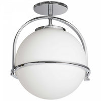 Plafonnier semi-affleuré Paola de Dainolite en verre blanc opale, avec fini chromé poli et 1 ampoule