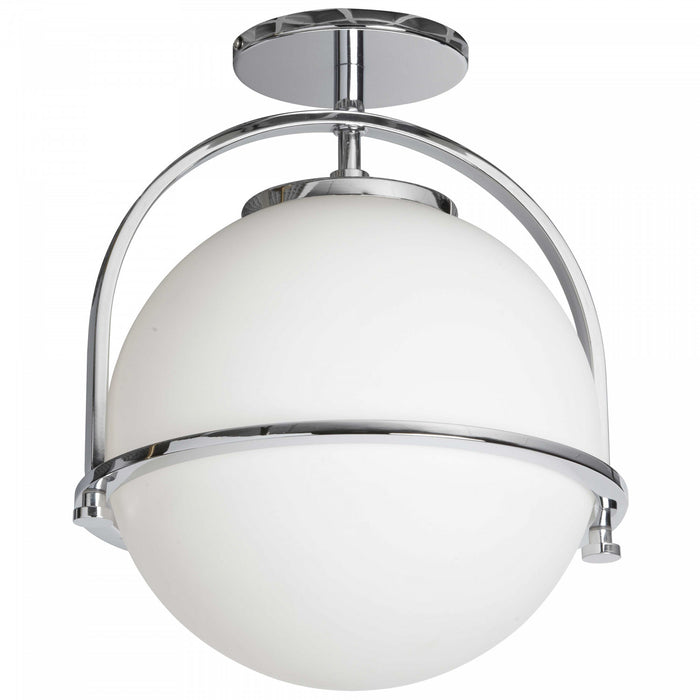 Plafonnier semi-affleuré Paola de Dainolite en verre blanc opale, avec fini chromé poli et 1 ampoule