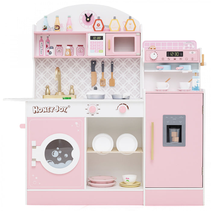 Honeyjoy Jeu De Cuisine Pour Enfants Jeu De Cuisine En Bois Avec Horloge, Micro-ondes, Evier, Plateau Rose