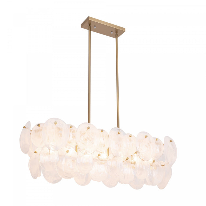 Luminaire D’ilot A 7 lampes Lily, Laiton Brosse Et Verre Genre Murano Blanc Vaporeux