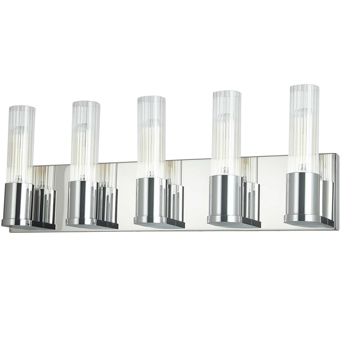 Lumière de coiffeuse Tube de Dainolite en verre cannelé transparent, avec fini chromé poli et 5 ampoules