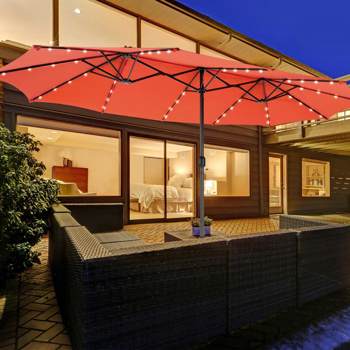 Costway Parasol double face jumeau 15FT pour patio avec 48 LED solaires a manivelle Orange