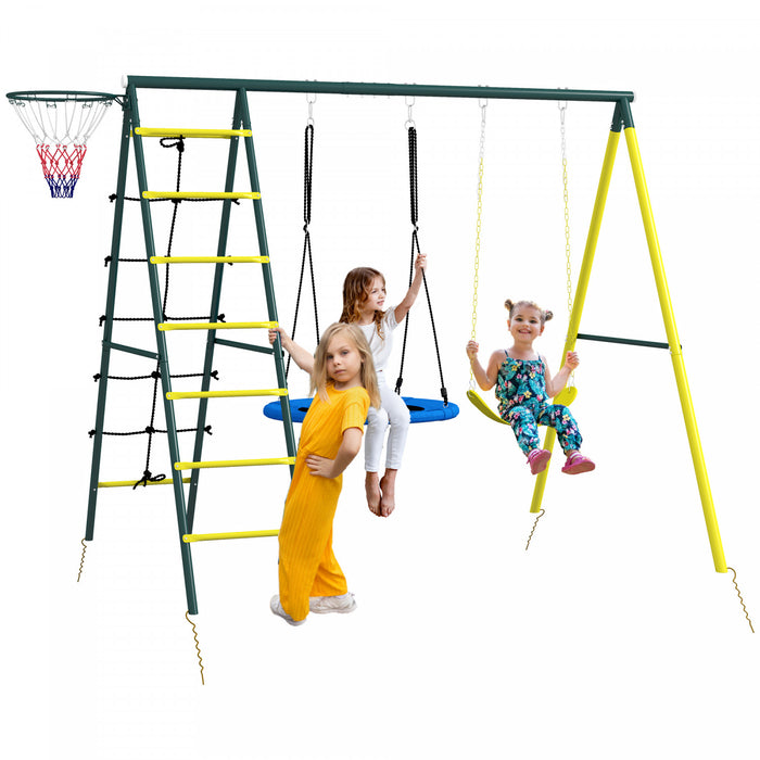 Outsunny Balancoire 4 En 1 Pour Enfants Avec Balancoire Soucoupe, Siege, Echelle D'escalade/filet, Panier De Basket-ball, Balancoire A Cadre En Metal Pour Jardin Exterieur, 3-8 Ans, Jaune