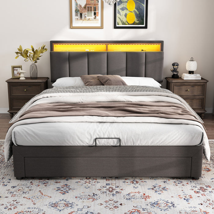 Lit de stockage hydraulique rembourre Kelly avec tete de lit eclairee LED et tiroirs integres, taille Queen, gris