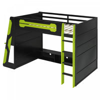 Olivia Lit mezzanine en bois avec bureau et etageres de rangement multiples, Lumiere RGB, Vert