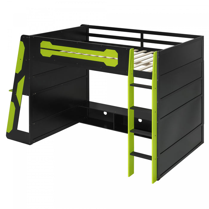 Olivia Lit mezzanine en bois avec bureau et etageres de rangement multiples, Lumiere RGB, Vert