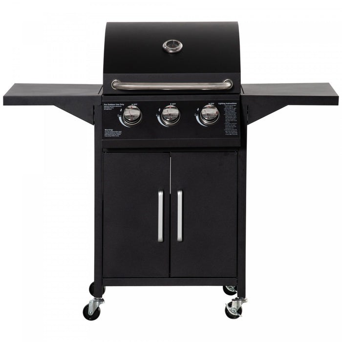 Outsunny Gril a gaz a 3 bruleurs avec roulettes, etageres, thermometre Noir