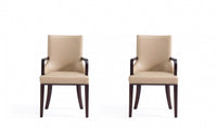 Fauteuil moderne Shubert en bois, cuir vegetalien et velours, coloris beige - Lot de 2