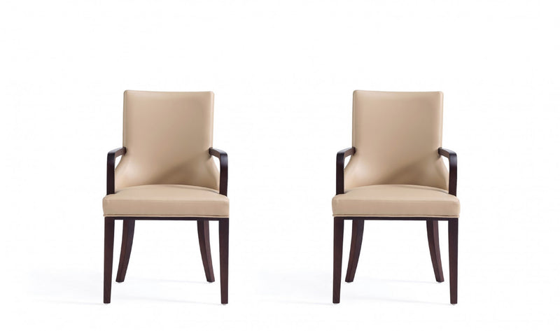 Fauteuil moderne Shubert en bois, cuir vegetalien et velours, coloris beige - Lot de 2