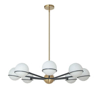 Lustre Sofia de Dainolite en verre blanc opale, avec fini noir mat et laiton vieilli, et 8 ampoules