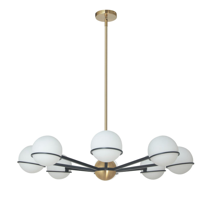 Lustre Sofia de Dainolite en verre blanc opale, avec fini noir mat et laiton vieilli, et 8 ampoules