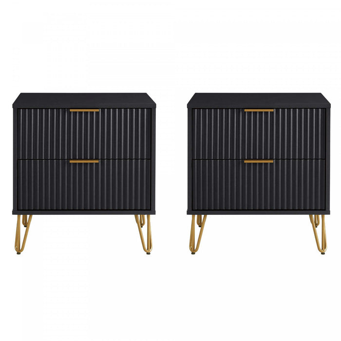 Table de nuit moderne Dumbo 20\" a cannelures en noir (2 tiroirs) - Lot de 2
