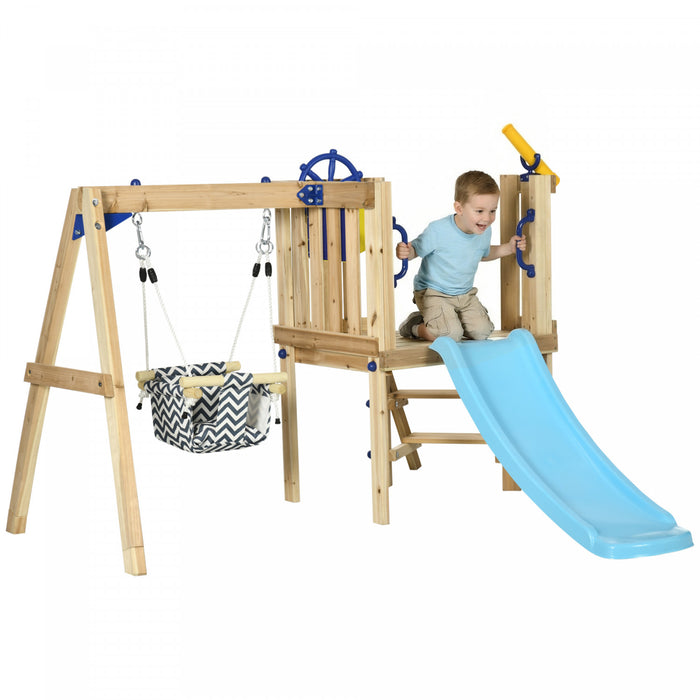 Outsunny Aire de Jeu pour Enfants avec Balancoire, Toboggan, Maisonnette en Bois, Siege Bebe, Gouvernail, Telescope, Structure Exterieure, 18-48 Mois, Couleur Naturelle