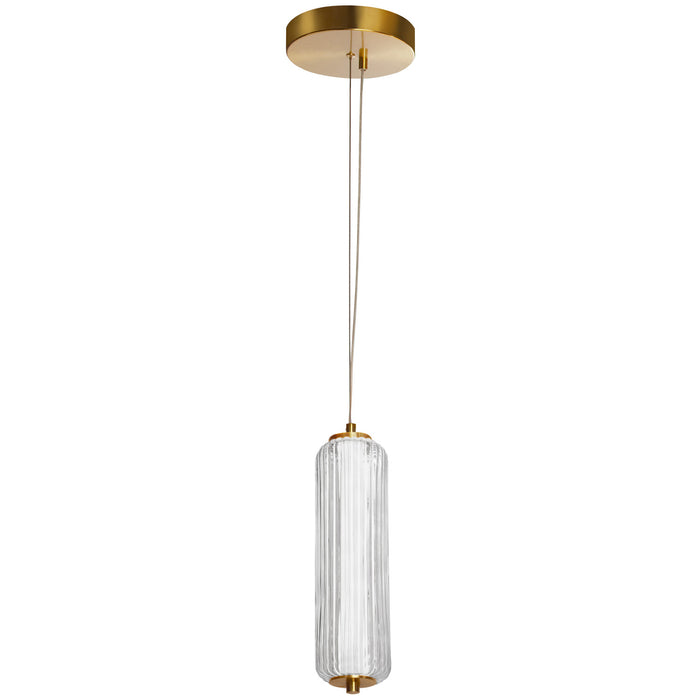 Luminaire suspendu Ramona de Dainolite en verre cannelé transparent, avec fini laiton vieilli et ampoule à DEL de 10 W