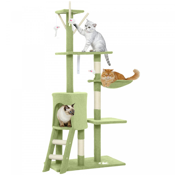 Arbre a chat PawHut, tour de 135 cm pour chatons d'interieur avec poteaux a griffer en sisal, perchoirs moelleux, niche, hamac, echelle, jouets suspendus, centre d'activites multiniveaux pour chatons, vert