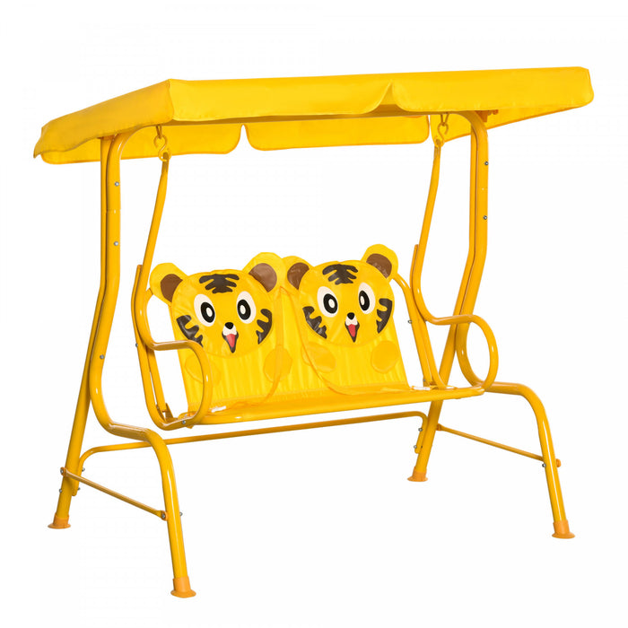 Outsunny Balancoire 2 Places Pour Enfants, Chaise Longue De Terrasse Pour Enfants, Pour Porche De Jardin, Avec Auvent Reglable, Ceinture De Securite, Motif Tigre, Pour 3-6 Ans, Jaune