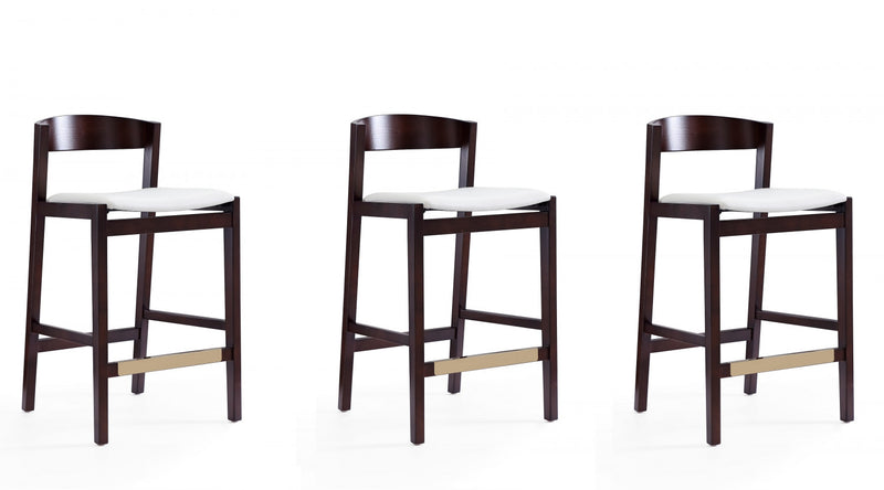 Tabouret de comptoir en bois rembourre style Klismos mi-siecle moderne en ivoire - Lot de 3