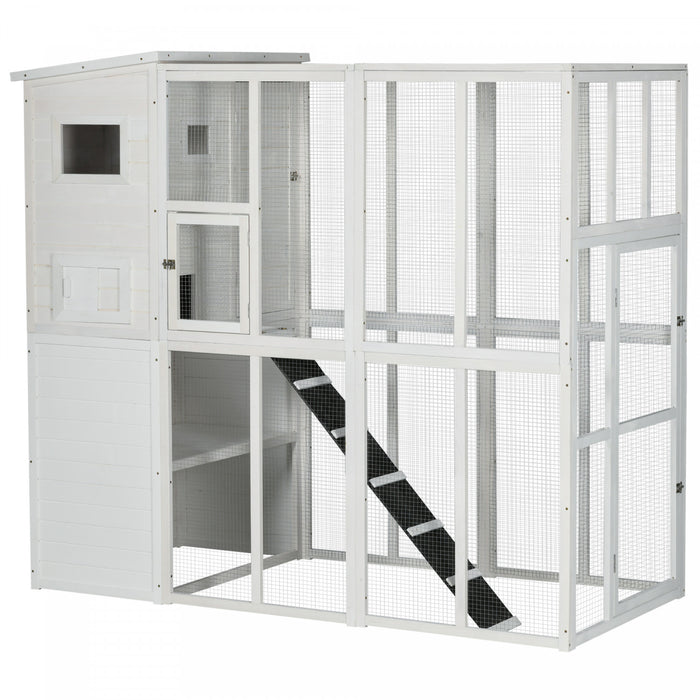 Pawhut Grande Maison Pour Chat D'exterieur Avec Porte, 4 Plates-formes, Rampe Et Toit En Asphalte, 77\" X 37\" X 69\", Blanc