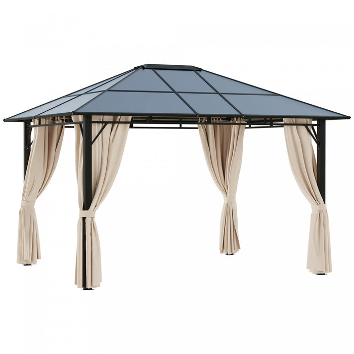 Outsunny Pavillon De Jardin Tonnelle Rigide Dim. 12'l X 9.75'l X 8.75'h Rideaux Lateraux Anti-uv Beige Acier Noir Polycarbonate