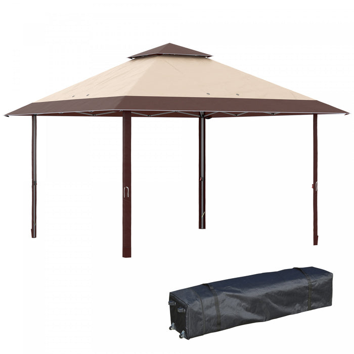 Outsunny 13 'x 13' Auvent De Tente De Fete D'exterieur Avec Event Superieur, Hauteur Reglable Sur 3 Niveaux Et Sac A Roulettes, Kaki