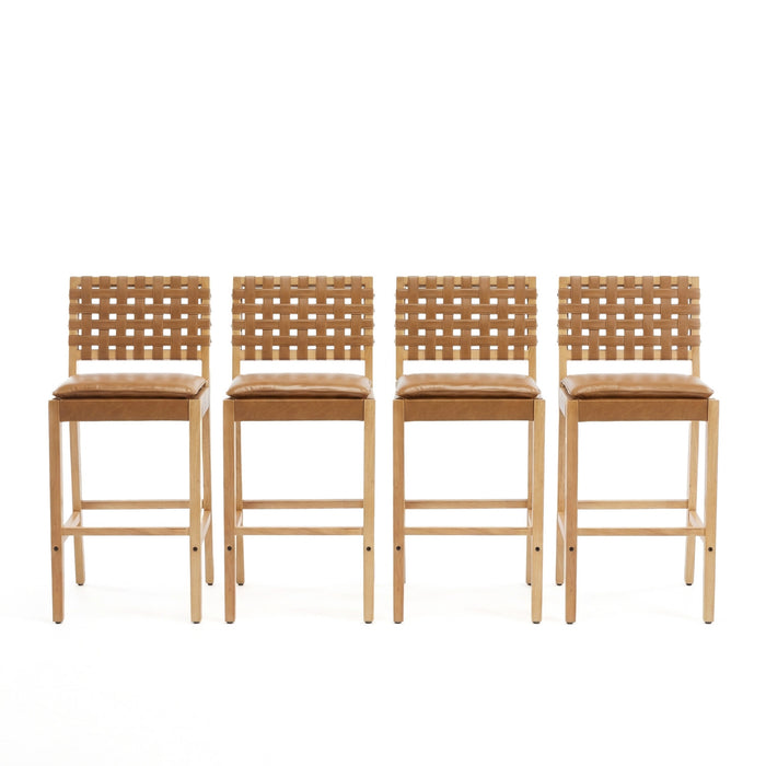 Philip – Lot de 4 tabourets de bar modernes en bois d’hevea avec dossier en tressage, finition naturelle