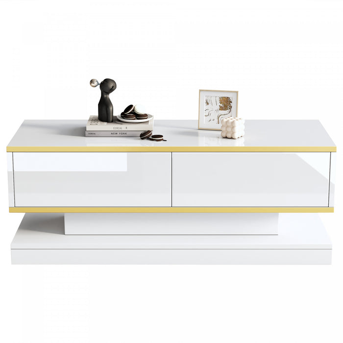 James table basse – table avec 2 tiroirs et details dores, blanc