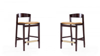 Tabouret de comptoir en bois rembourre style Klismos mi-siecle moderne couleur camel - Lot de 2