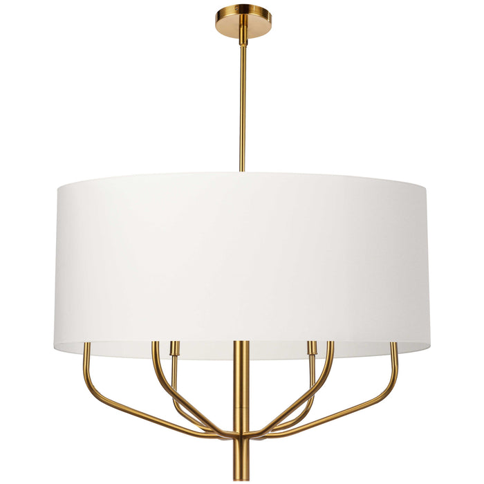Luminaire suspendu Eleanor de Dainolite avec abat-jour blanc, fini laiton vieilli et 6 ampoules