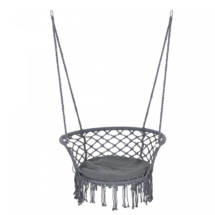 Outsunny Chaise Suspendue Hamac, Balancoire De Porche En Corde De Coton Avec Cadre Metallique Et Coussin, Grand Siege En Macrame Pour Le Patio Jardin Chambre Salon Gris Fonce